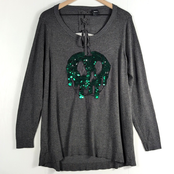 Disney Snow White Dripping Apple Sweater Womens 1X Gray Green Sequin Spooky Top - Picture 1 of 13